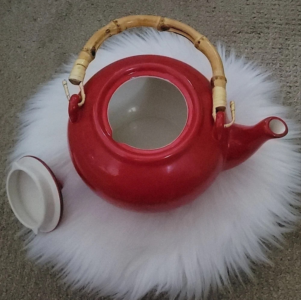 Pottery Barn Rare Vintage Sausalito Red Tea Pot with Bamboo Handle - Picture 2 of 11